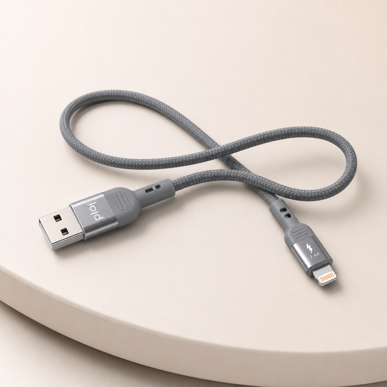 كابل USB-A إلى Lightning رمادي مضفّر
